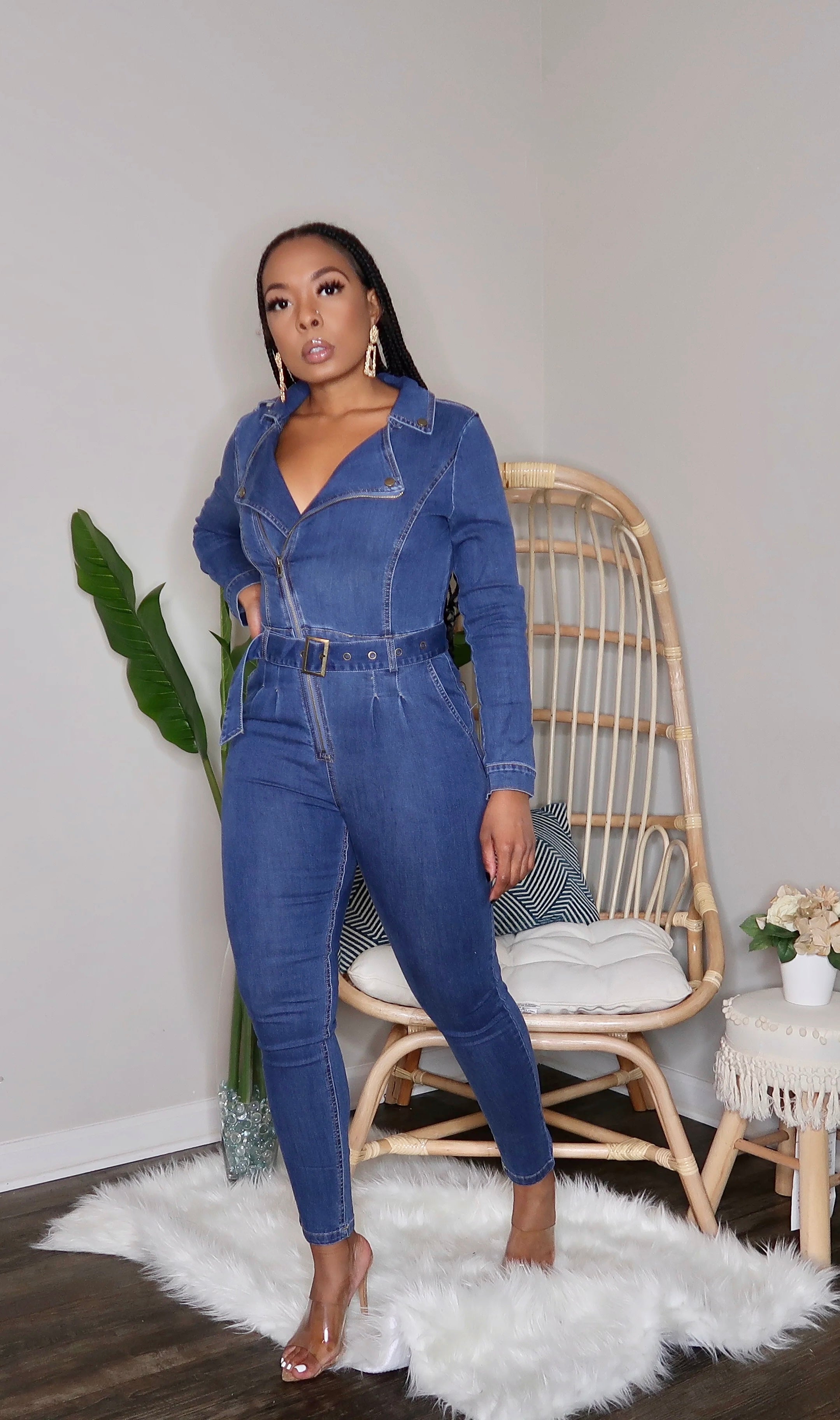 Jean long sleeve jumpsuit best sale